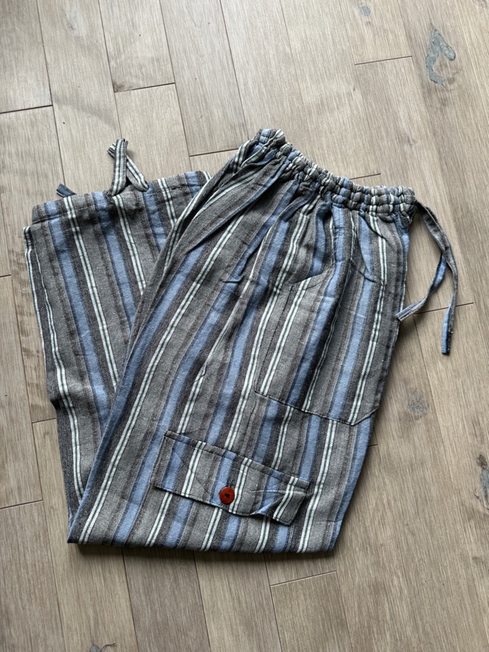 Peru/Ecuador Handmade Cotton Boho Unisex Striped Pants Joggers Blue Gray Medium - Picture 6 of 6